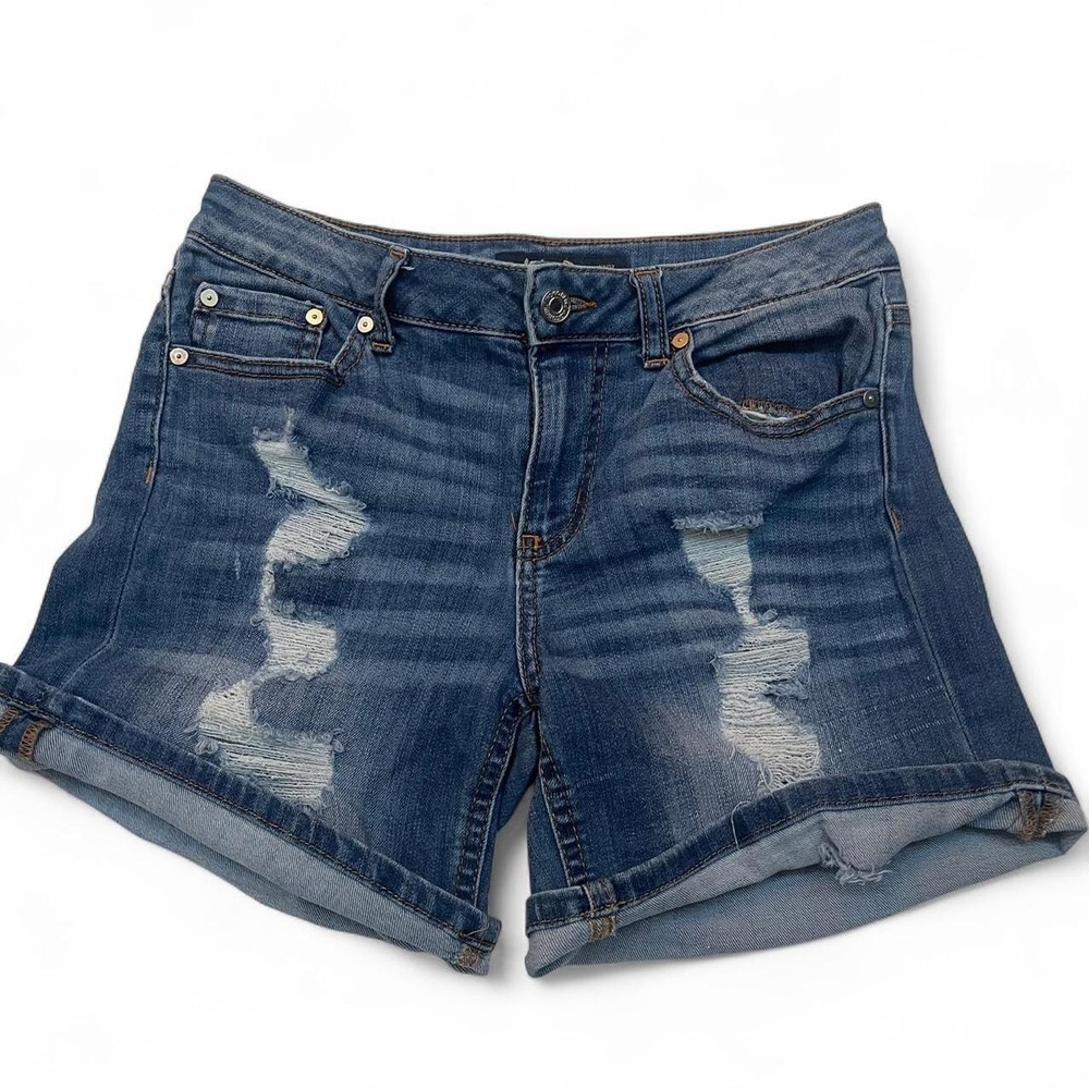 Indigo Rein Distressed Denim Shorts Medium Wash Rolled Cuff Size 5 Waist 26